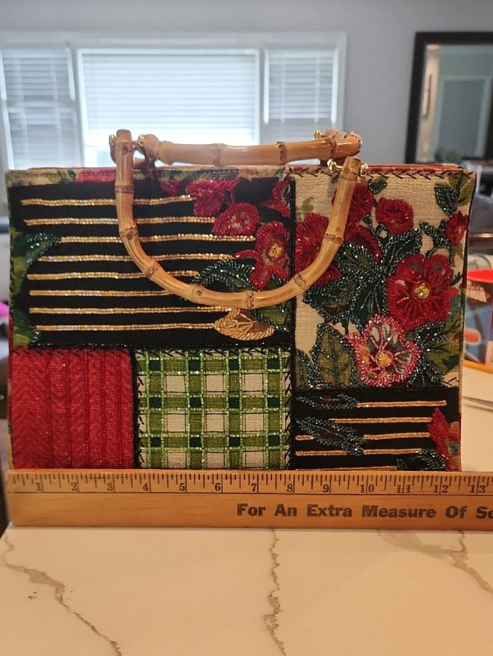 Isabella Fiore Vintage Y2K Beaded Patchwork Bamboo Handle Satchel Bag, RARE